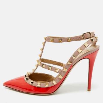 Pre Owned Valentino Red/Beige Patent Leather Rockstud Ankle Strap Pumps Size 39.5