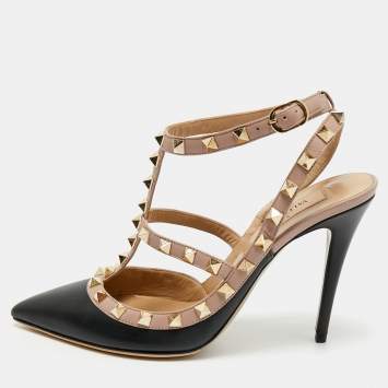 Valentino Black\Beige Leather Rockstud Caged Pumps Size 38