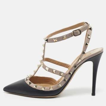 Pre Owned Valentino Black/Beige Leather Rockstud Caged Pumps Size 40