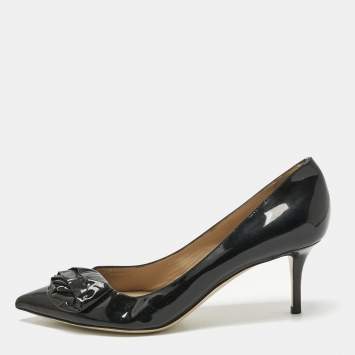 Pre Owned Valentino Black Patent Leather Flower Bow Pointed Toe Pumps Size 39.5