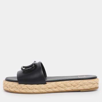 Pre Owned Valentino Black Leather VLogo Espadrille Flats Size 36