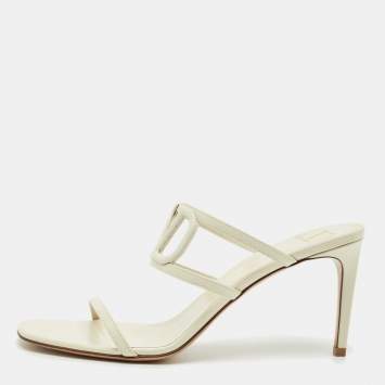 Pre Owned Valentino White Leather V-Logo Open Toe Slide Sandals Size 39