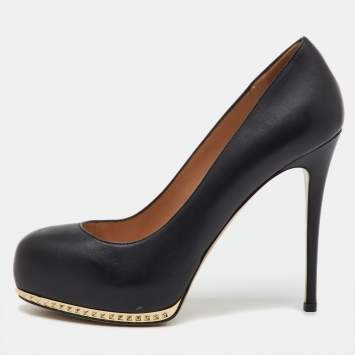 Pre Owned Valentino Black Leather Rockstud Round Toe Platform Pumps Size 36