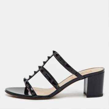 Pre Owned Valentino Black Patent Leather Rockstud Slide Sandals Size 40.5