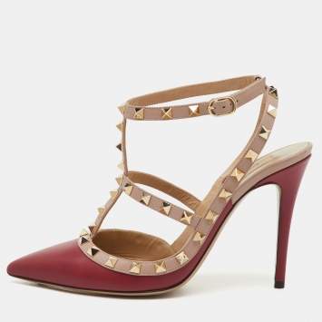 Pre Owned Valentino Red/Beige Leather Rockstud Ankle Strap Pumps Size 39.5