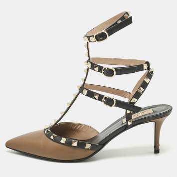 Pre Owned Valentino Brown/Black Leather Rockstud Pumps Size 40.5