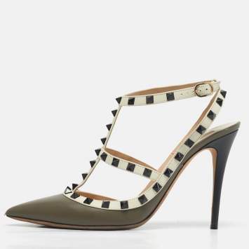 Pre Owned Valentino Grey/Cream Leather Rockstud Ankle Strap Pumps Size 41