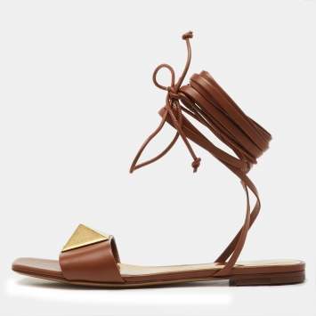 Pre Owned Valentino Brown Leather One Stud Wrap Around Flat Sandals Size 37