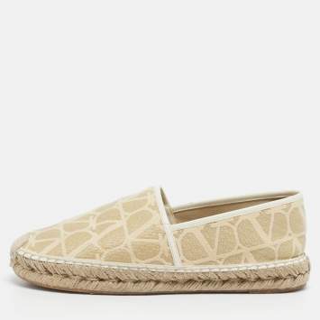 Pre Owned Valentino Beige/White Leather and Straw Vlogo Espadrille Flats Size 40