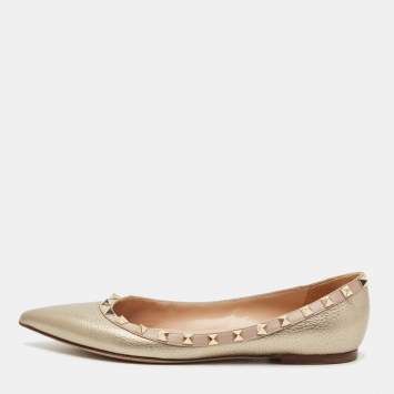 Pre Owned Valentino Metallic Gold Leather Rockstud Ballet Flats Size 39