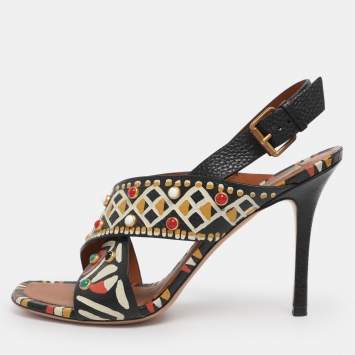 Pre Owned Valentino Multicolor Leather Studded Crossover Primitive Ankle Strap Sandals Size 38.5