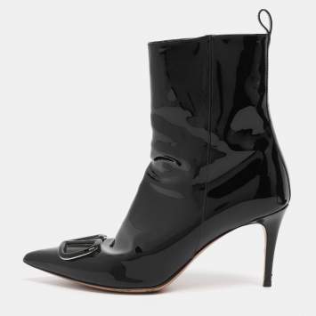 Pre Owned Valentino Beige Patent Leather VLogo Ankle Length Boots Size 38