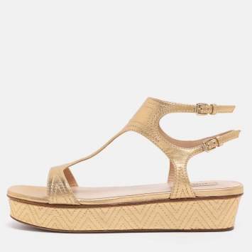 Pre Owned Valentino Gold Leather T-Strap Sandals Size 38