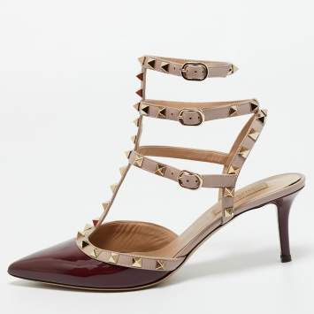 Pre Owned Valentino Burgundy/Pink Patent and Leather Rockstud Caged Pumps Size 39
