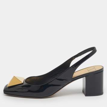 Pre Owned Valentino Black Patent Leather One Stud Block Heel Pumps Size 38