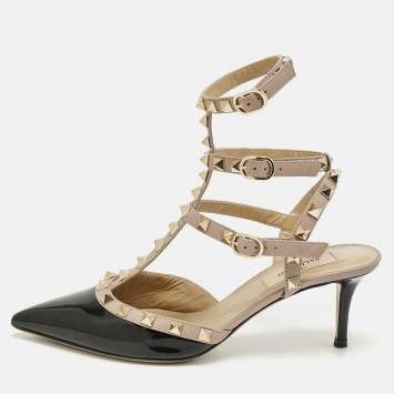 Pre Owned Valentino Black/Beige Patent Leather Rockstud Caged Ankle Strap Pumps Size 36.5