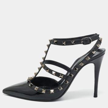 Pre Owned Valentino Black Leather and Patent Leather Rockstud Pumps Size 38