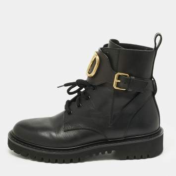 Pre Owned Valentino Black Leather VLogo Combat Boots Size 37