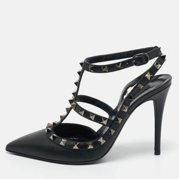 Pre Owned Valentino Black Leather Rockstud Caged Pumps Size 37