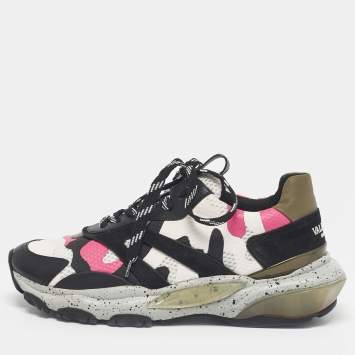 Pre Owned Valentino Multicolor Suede And Fabric Camouflage Lace Up Sneakers Size 40