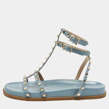 Pre Owned Valentino Blue Leather And PVC Rockstud Ankle Strap Flat Slides Size 40.5
