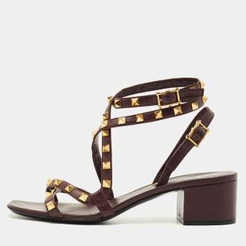 Pre Owned Valentino Burgundy Leather Rockstud Ankle Strap Block Heel Sandals Size 38.5