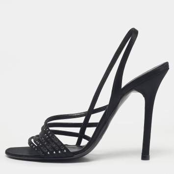 Pre Owned Valentino Black Satin Crystal Embellish Slingback Sandals Size 37.5