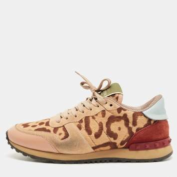 Pre Owned Valentino Multicolor Leopard Print Calfhair and Suede Rockrunner Sneakers Size 39