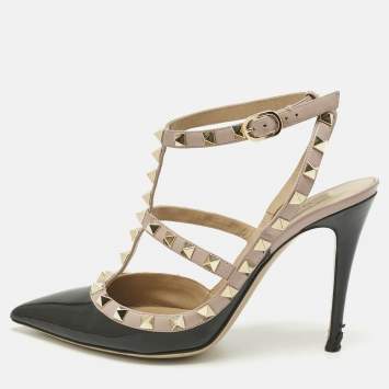 Pre Owned Valentino Black/Beige Patent Leather and Leather Rockstud Ankle Strap Pumps Size 37