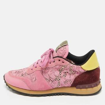 مملوكة مسبقًا Valentino Multicolor Lace and Leather Lace Rockrunner Low Top Sneakers Size 40