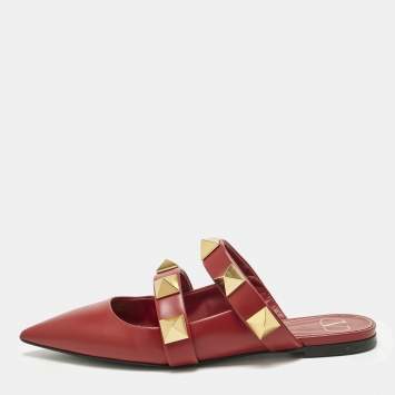 Pre Owned Valentino Burgundy Leather Roman Stud Flat Mules Size 38