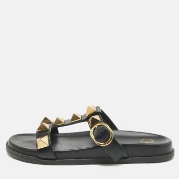 Pre Owned Valentino Black Leather Roman Stud Flat Slide Sandals Size 39
