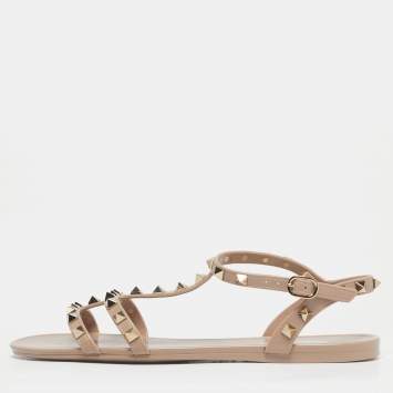 Pre Owned Valentino Beige Jelly Rockstud Ankle Strap Flats Size 40