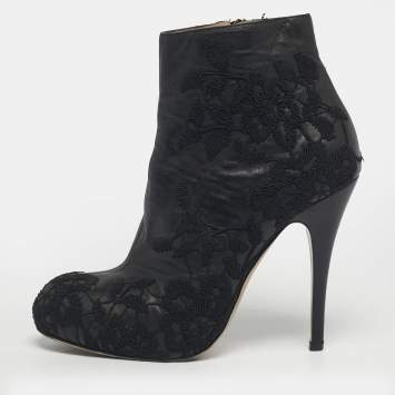Pre Owned Valentino Black Embroidered Leather Zip Ankle Boots Size 39