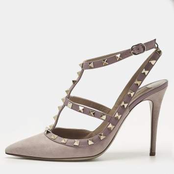 Pre Owned Valentino Beige Suede Rockstud Ankle Strap Pumps Size 39.5