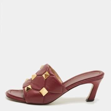 Pre Owned Valentino Dark Red Leather Roman Stud Slide Sandals Size 39
