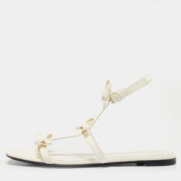 Pre Owned Valentino Cream Leather Ankle Strap Flats Size 38.5