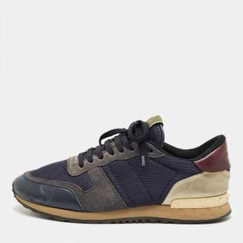 Pre Owned Valentino Blue Leather and Mesh Rockrunner Lace Up Sneakers Size 42