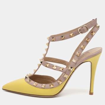 Pre Owned Valentino Yellow/Beige Patent Leather Rockstud Caged Ankle Strap Pumps Size 36