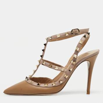 Pre Owned Valentino Beige Suede Rockstud Ankle Strap Pumps Size 39