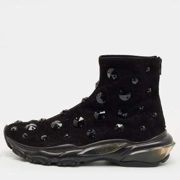 Pre Owned Valentino Black Suede Crystal Embellished High Top Sneakers Size 38.5