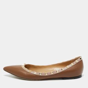 Pre Owned Valentino Brown/Beige Leather Rockstud Ballet Flats Size 39.5
