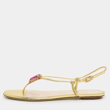 Pre Owned Valentino Metallic Gold Leather Embellished Flat Sandals Size 38