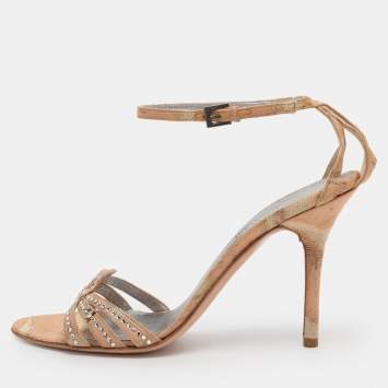 مملوكة مسبقًا Valentino Beige Fabric Crystal Embellished Ankle Strap Sandals Size 38