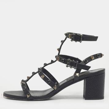 Pre Owned Valentino Black Leather Rockstud Ankle Strap Sandals Size 36