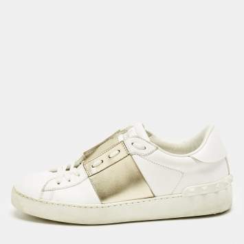 Pre Owned Valentino White/Gold Leather Rockstud Low Top Sneakers Size 38