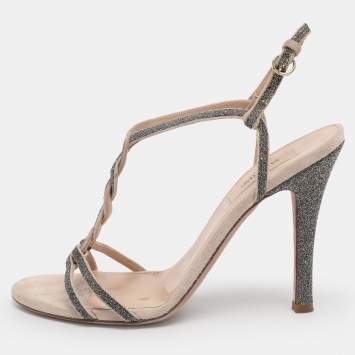 Pre Owned Valentino Beige Suede T-Strap Sandals Size 38.5