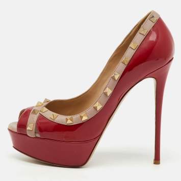 Pre Owned Valentino Red/Dusty Pink Patent Leather Rockstud Peep Toe Platform Pumps Size 37.5