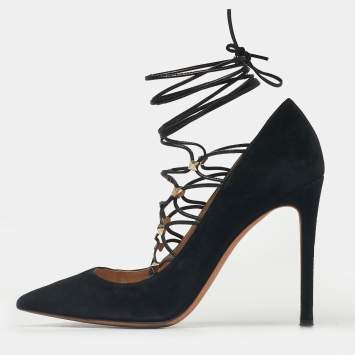 Pre Owned Valentino Black Leather and Suede Rockstud Lace Up Pumps Size 40