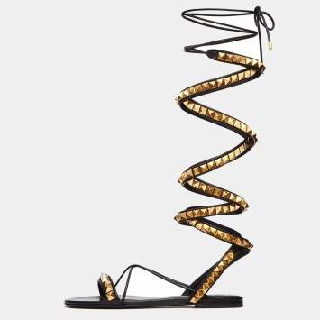 Pre Owned Valentino Black Leather Rockstud Ankle Wrap Sandals Size 37